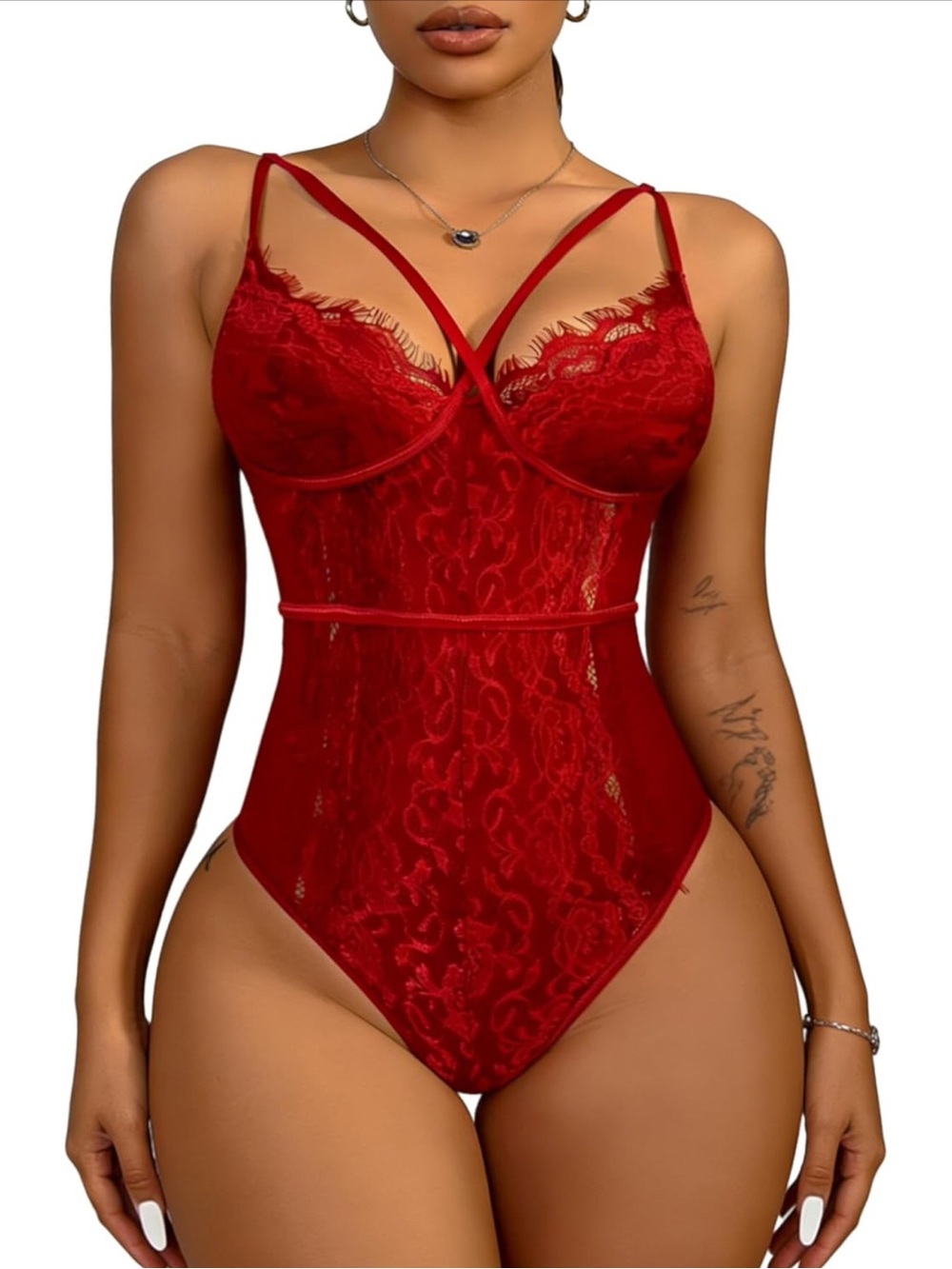 Red Lace Strappy Bodysuit with Sheer Panels